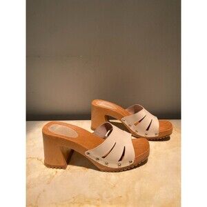 The Leather Collection Vintage 70s Platform Clogs Women 8.5 White Wood Heel